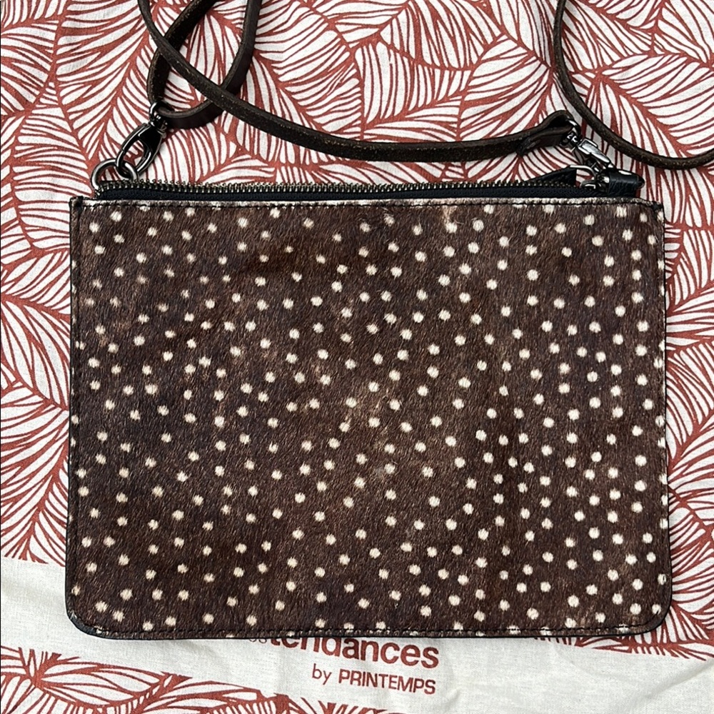 Brown and White Polka Dot leather fur bag